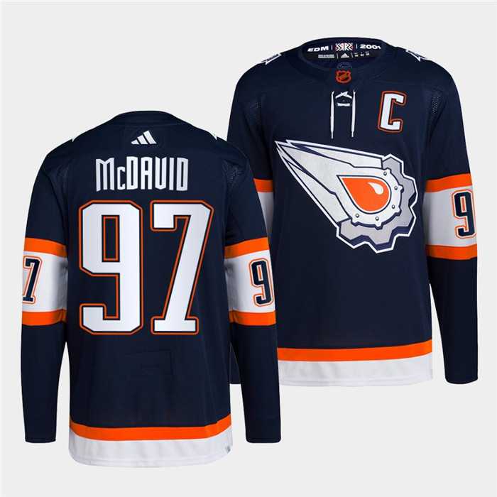 Mens Edmonton Oilers #97 Connor McDavid Navy 2022-23 Reverse Retro Stitched Jersey Dzhi